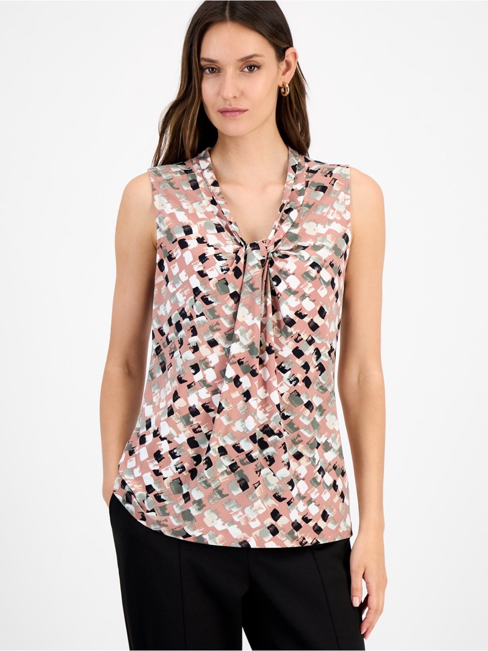 Kasper Sleeveless Tie-Neck Camisole in Blush Pink Abstract Print